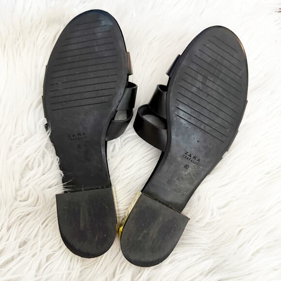ZARA TRAFALUC | Black Flat Slide Band Sandals Chrome Silver Mini Heel | 40, US 9 - Picture 8 of 9